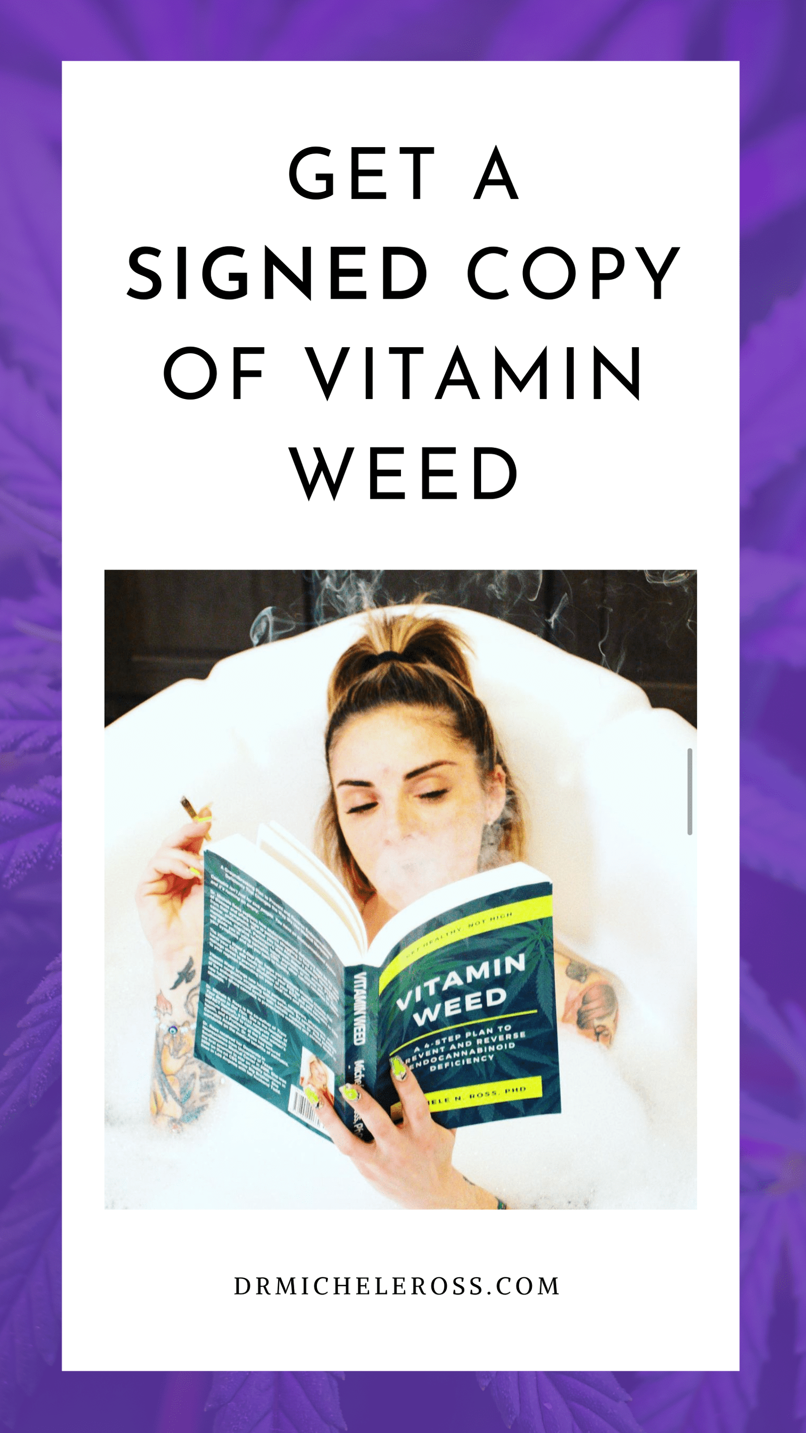 young woman reading vitamin weed book in bath tub while smoking a joint